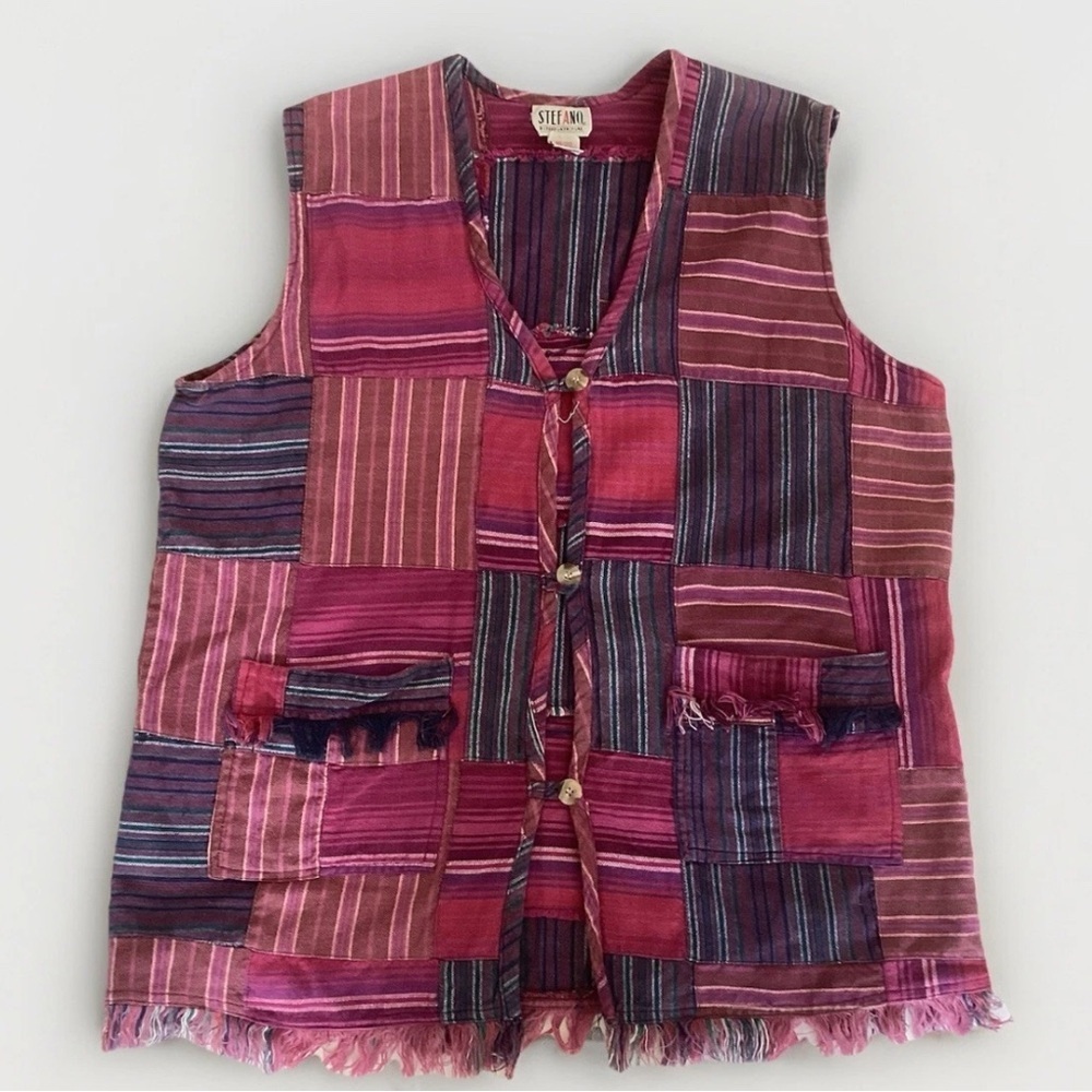 Vintage Stefano International Patchwork Boho Frayed Plus Button Front Vest 18/20